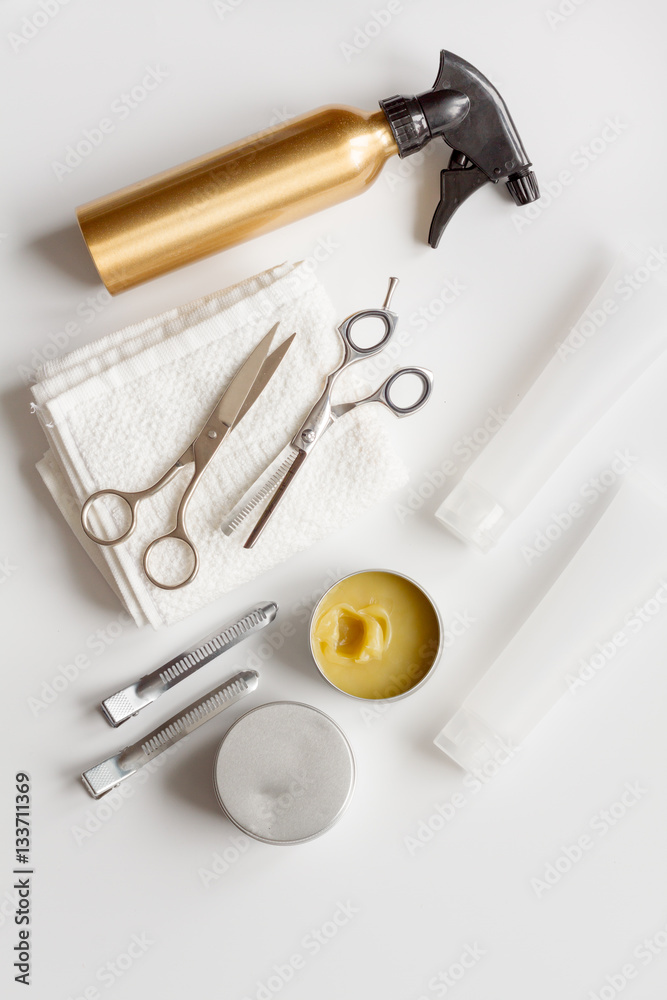 hairdresser working desk preparation for cutting hair top view