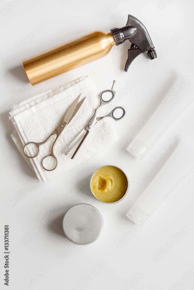 hairdresser working desk preparation for cutting hair top view