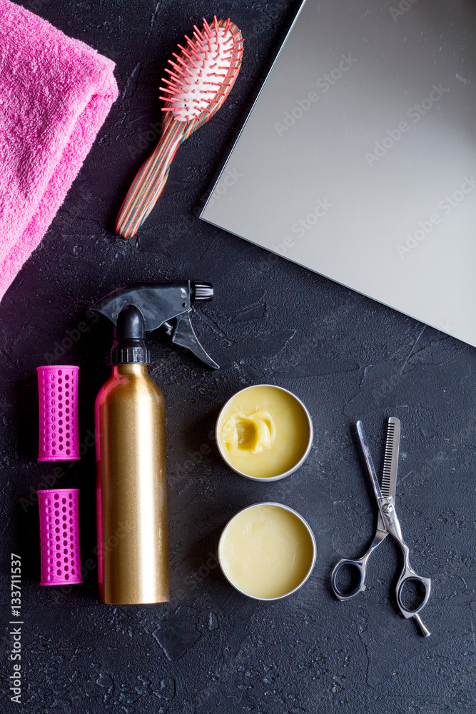 hairdresser working desk preparation for cutting hair top view