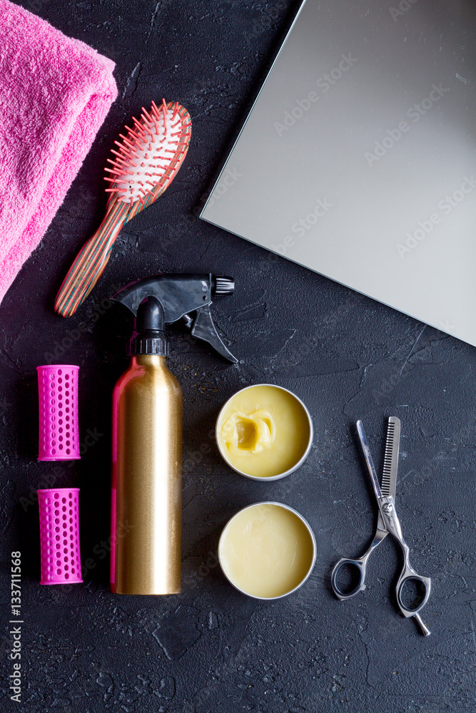 hairdresser working desk preparation for cutting hair top view