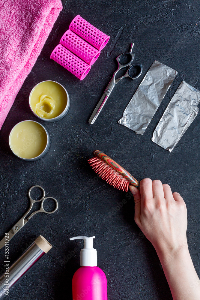 hairdresser working desk preparation for cutting hair top view