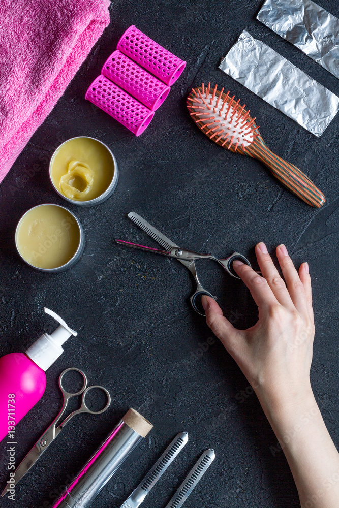 hairdresser working desk preparation for cutting hair top view