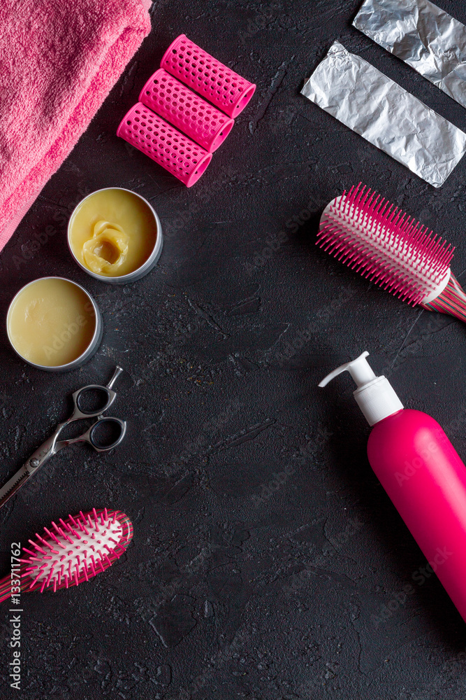 hairdresser working desk preparation for cutting hair top view