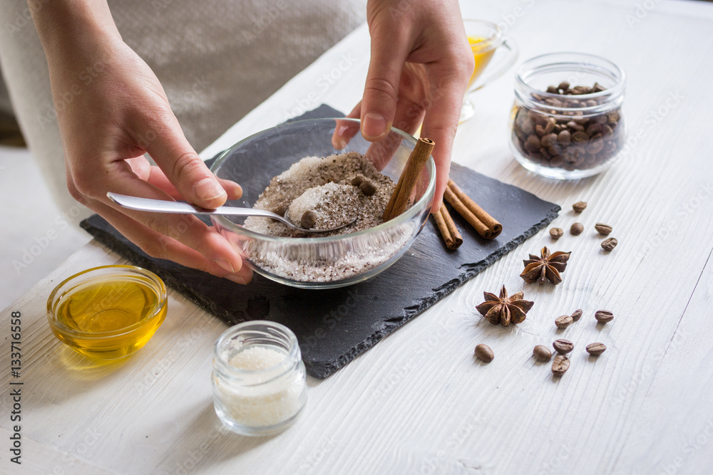 making organic scrub handmade at home with hands