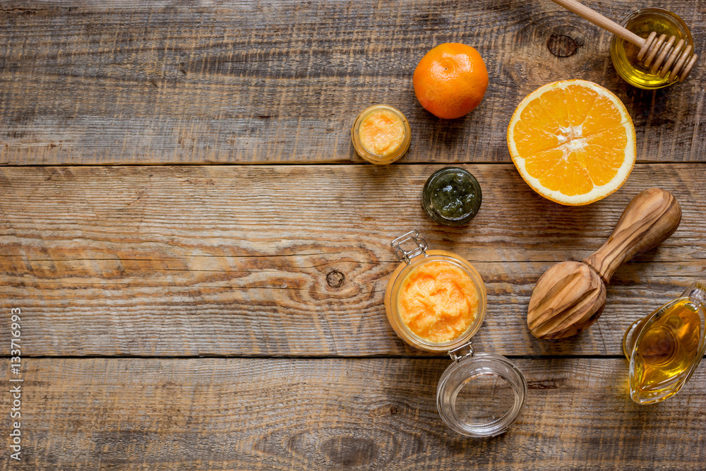 organic citrus scrub homemade on wooden background top view