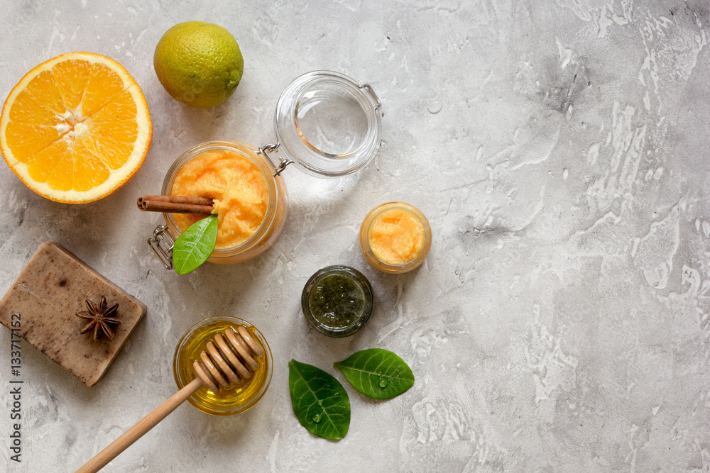 organic citrus scrub homemade on gray background top view