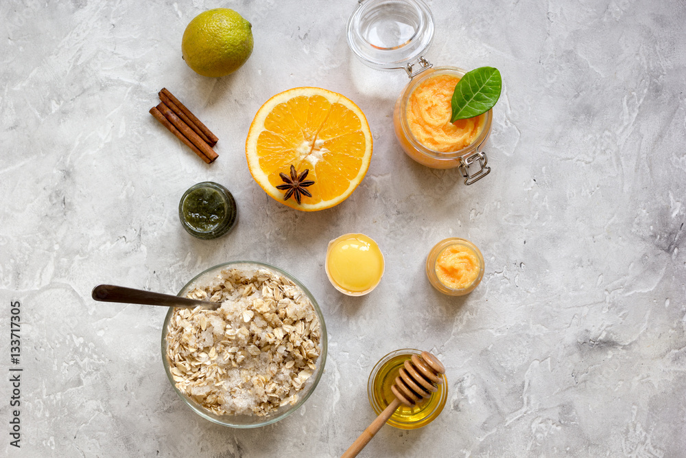 organic citrus scrub homemade on gray background top view