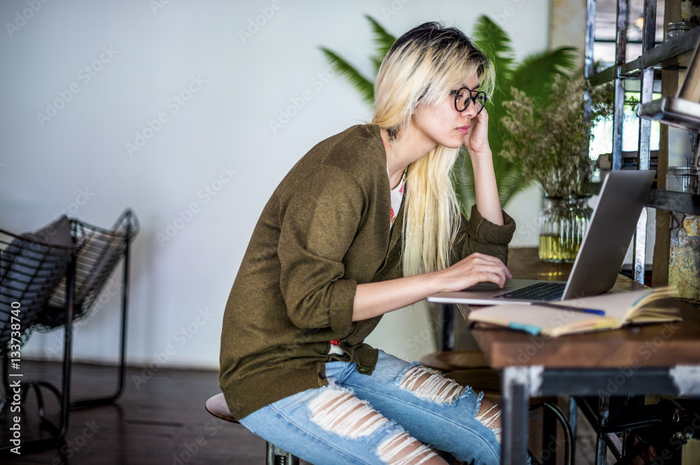 Asian Woman Laptop Social Networking Studying Learning Concept