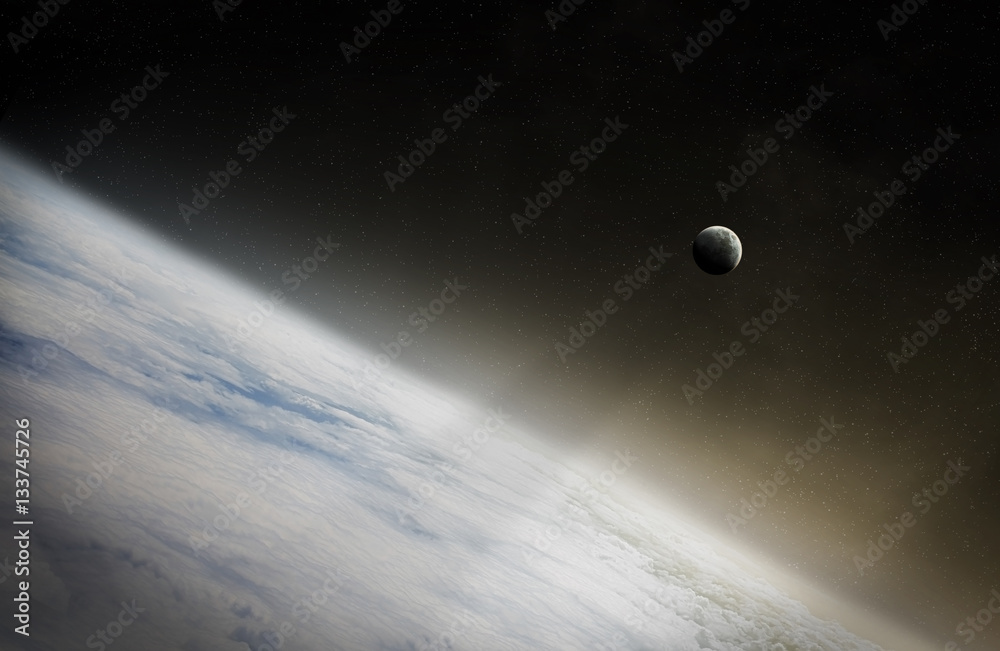 View of the moon close to planet Earth 3D rendering