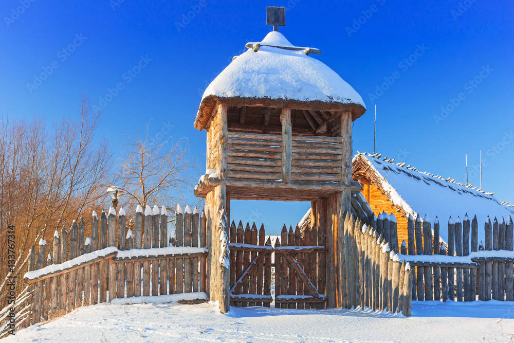 Ancient trading factory village at winter in Pruszcz Gdanski, Poland