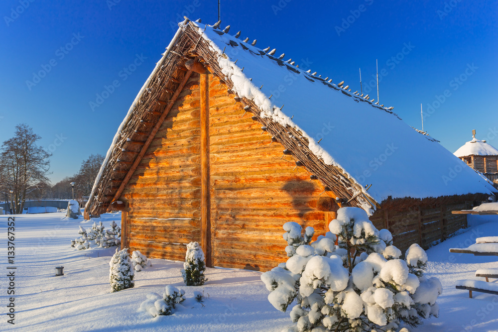 Ancient trading factory village at winter in Pruszcz Gdanski, Poland