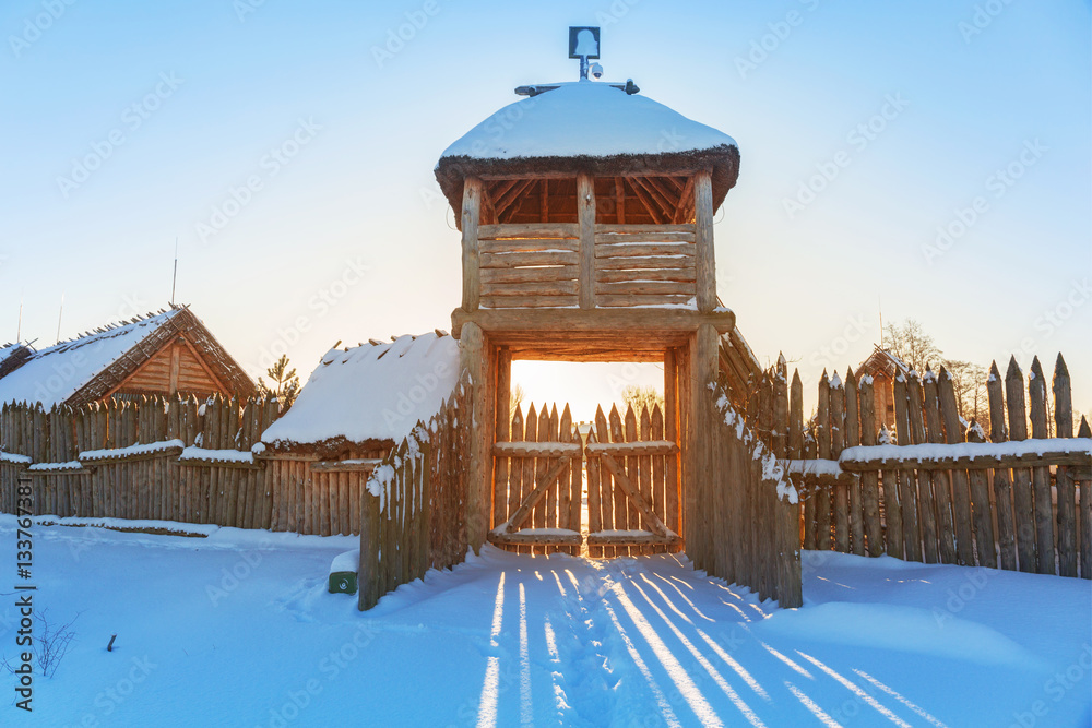 Ancient trading factory village at winter in Pruszcz Gdanski, Poland