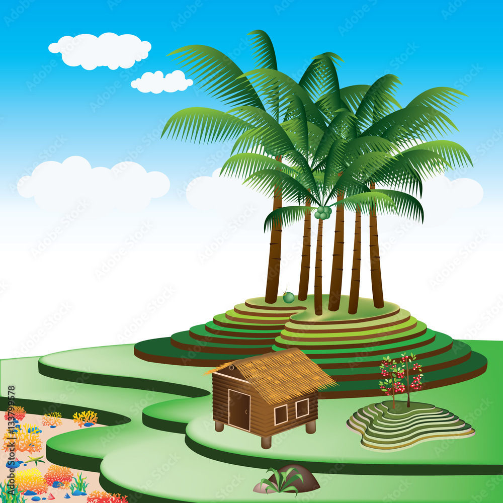 cottage and green island, vector illustration