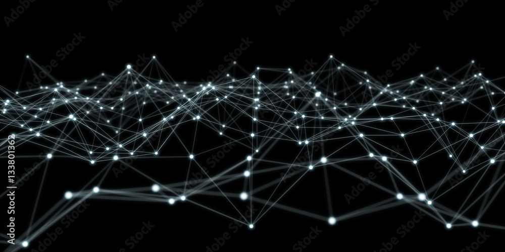 Floating white and blue dot network 3D rendering