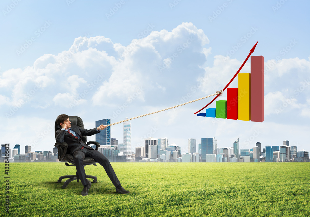 Businessman pulling graph with rope as concept of power and control