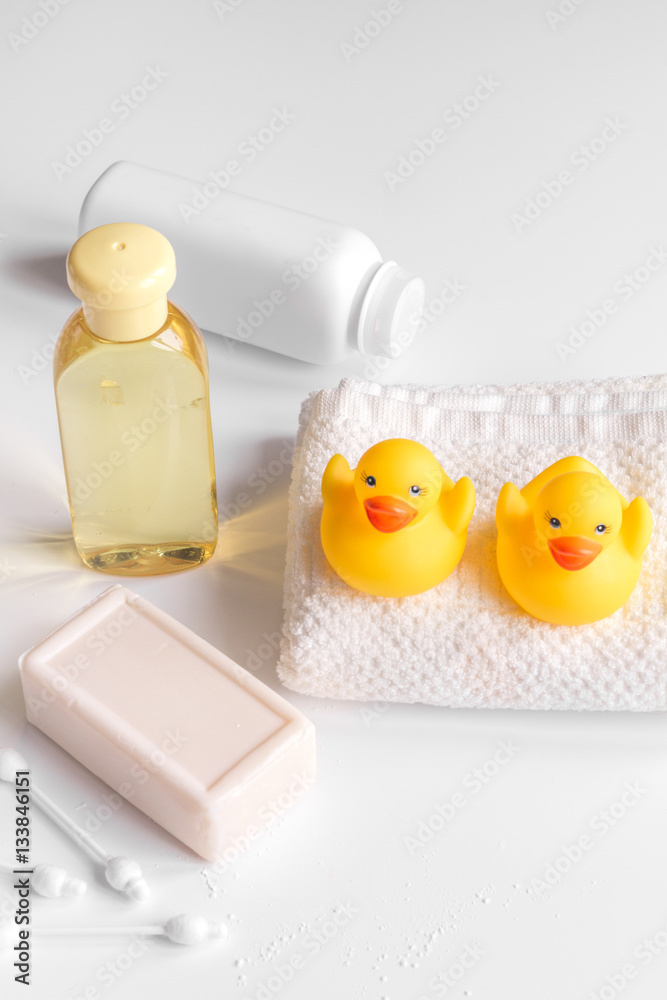 baby organic cosmetic for bath on white bakground