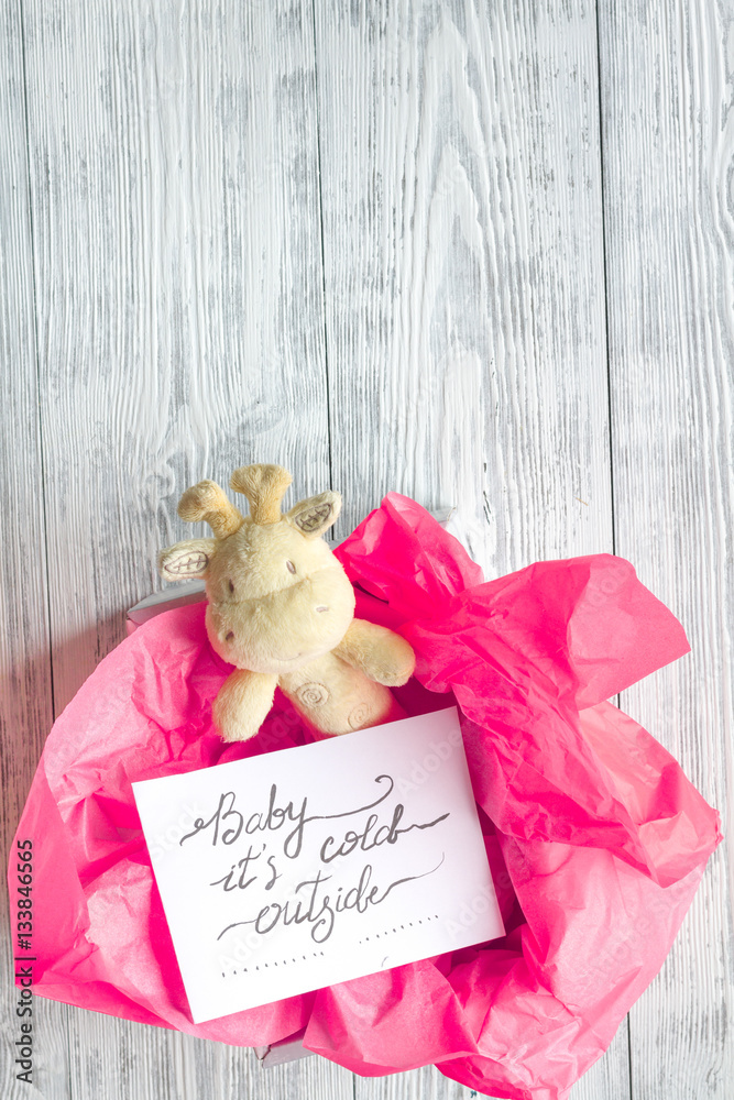 birth of girl - baby shower concept on wooden background