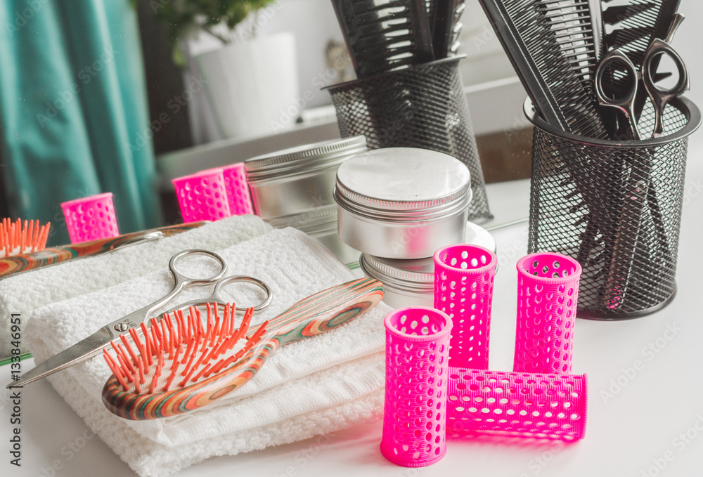 hairdresser working desk preparation for cutting hair