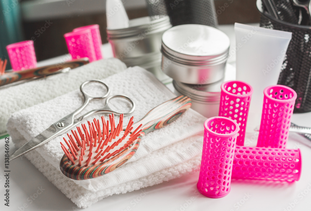 hairdresser working desk preparation for cutting hair