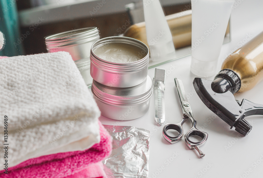 hairdresser working desk preparation for cutting hair