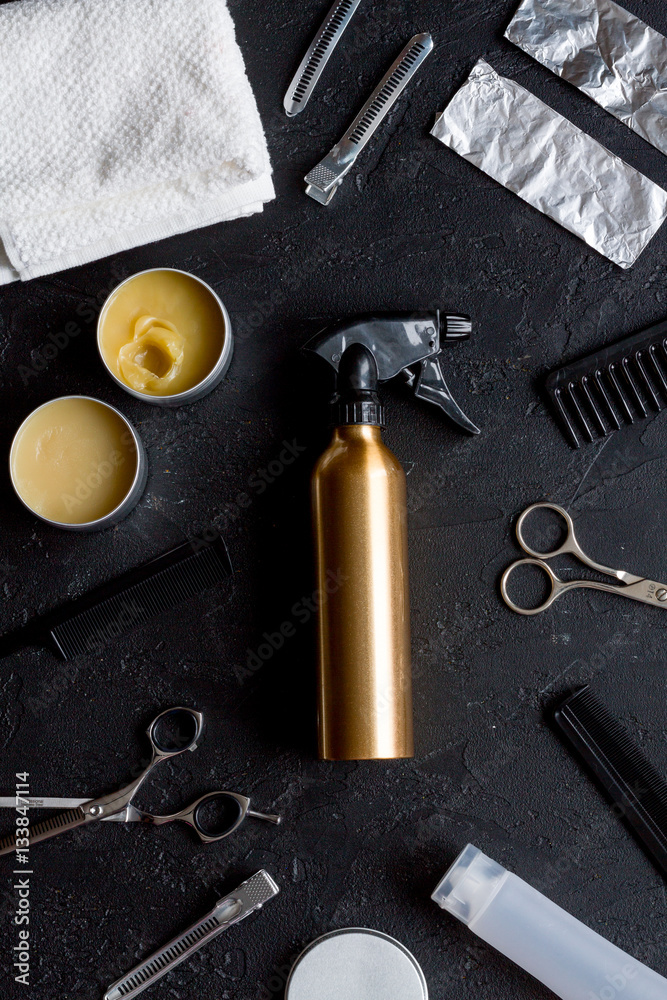 hairdresser working desk preparation for cutting hair top view