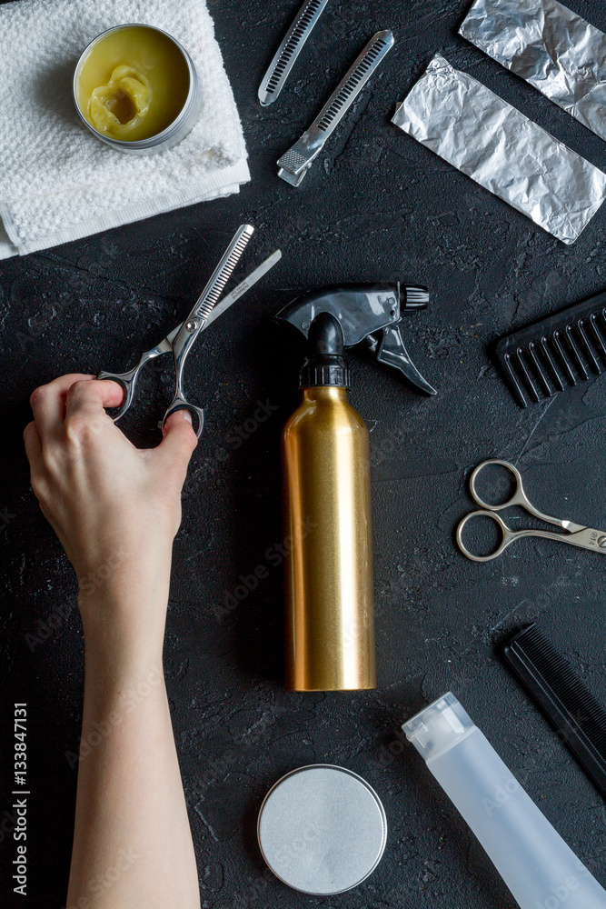 hairdresser working desk preparation for cutting hair top view