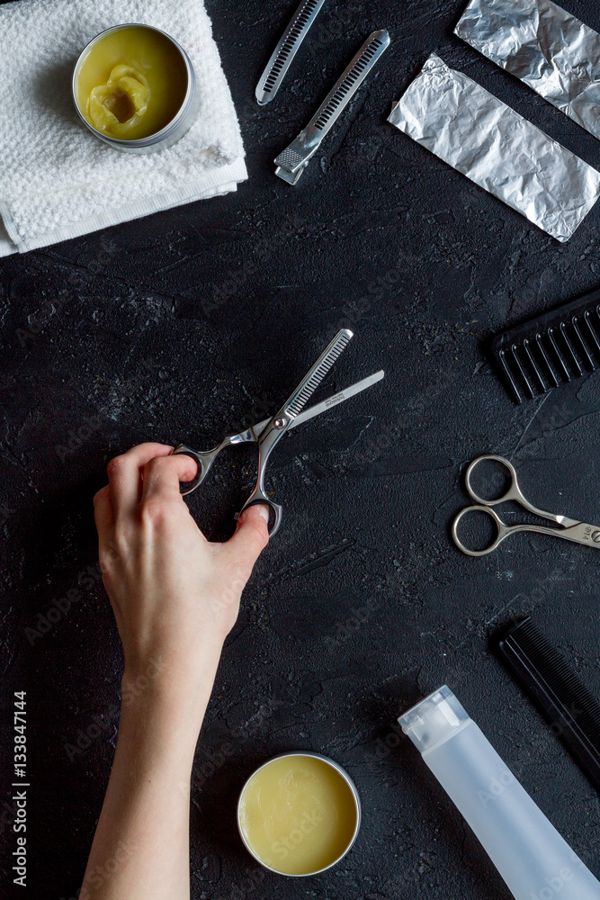 hairdresser working desk preparation for cutting hair top view