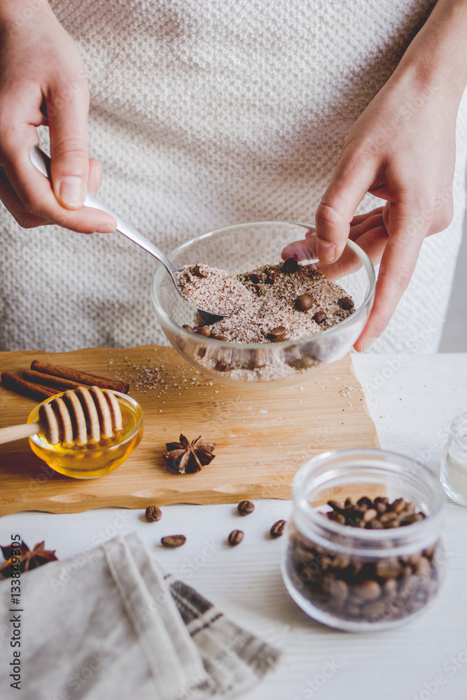 making organic scrub handmade at home with hands