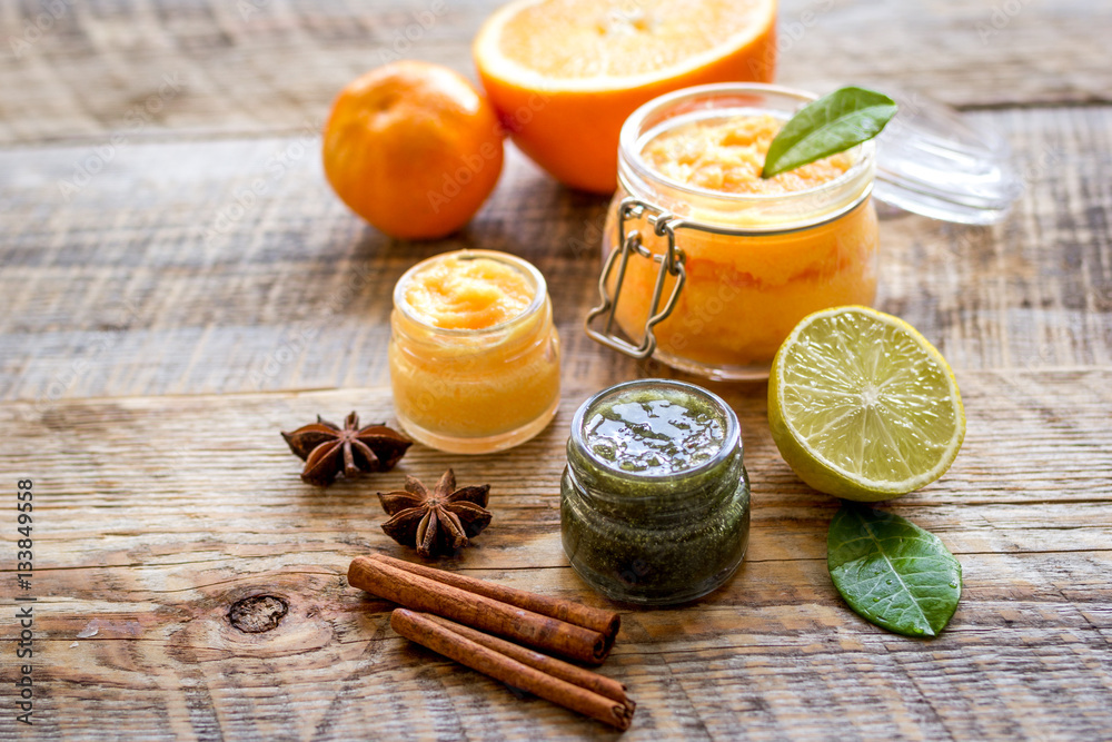 organic citrus scrub homemade on wooden background