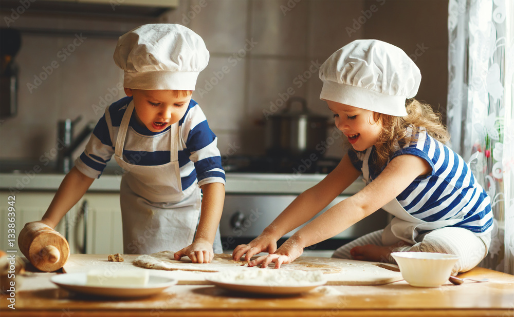 happy family funny kids bake cookies in kitchen