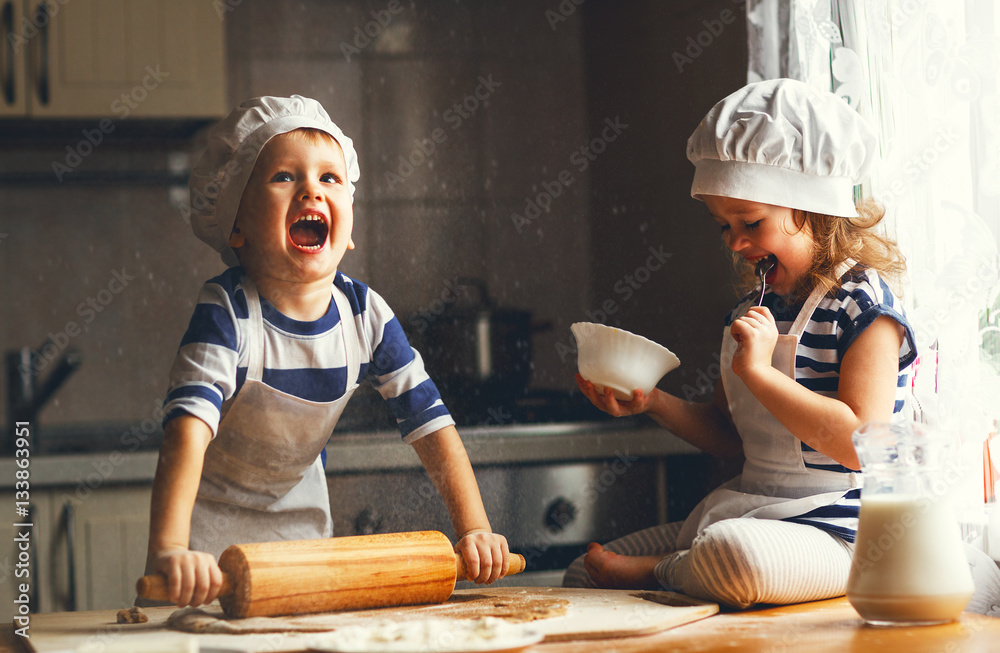 happy family funny kids bake cookies in kitchen