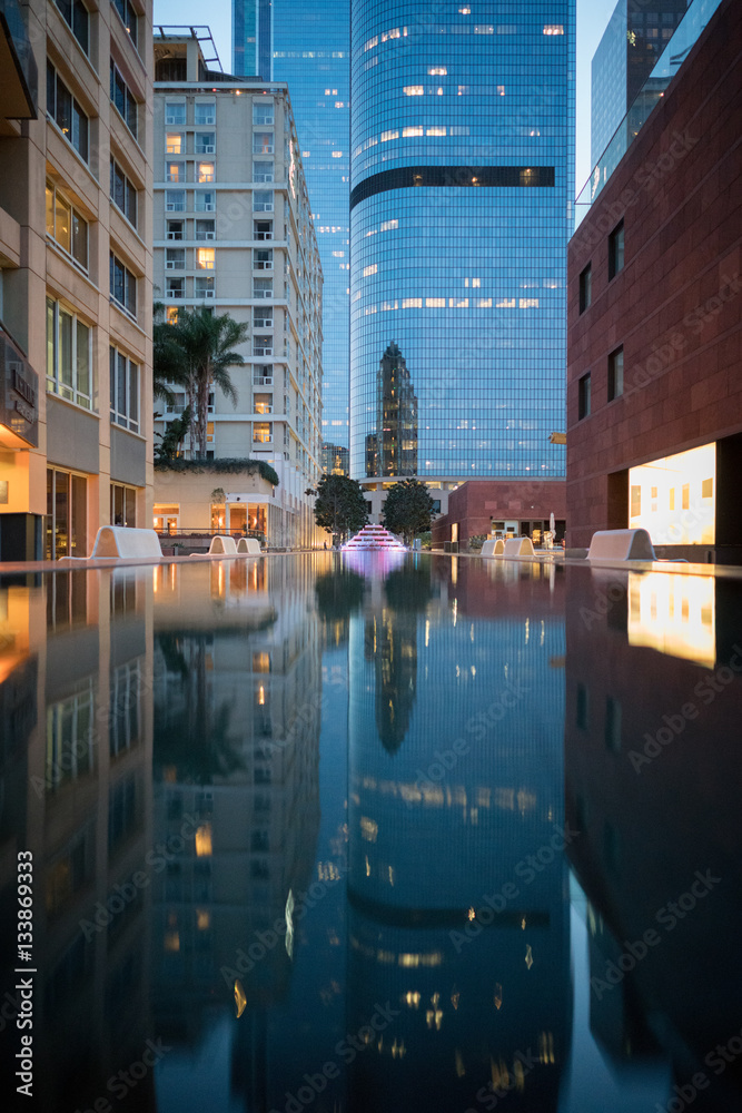 Los Angeles Office building	 reflection on water at dawn