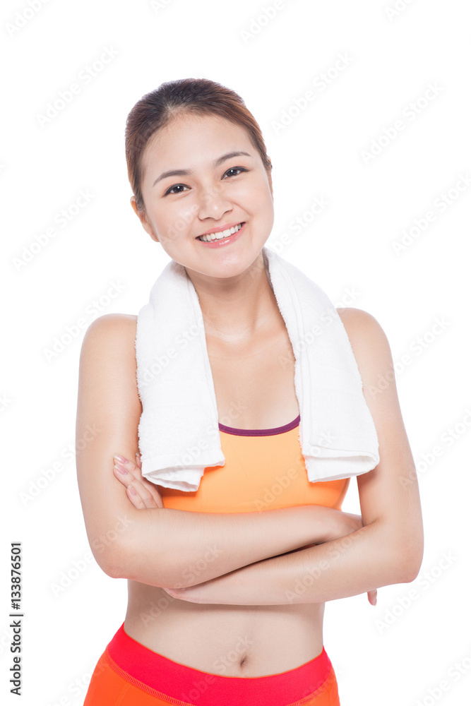 Portrait of fitness young asian woman with towel on white