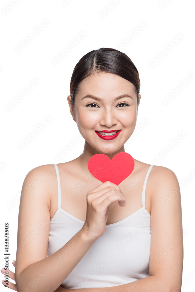 Cute attractive young woman with red heart. Valentines day art