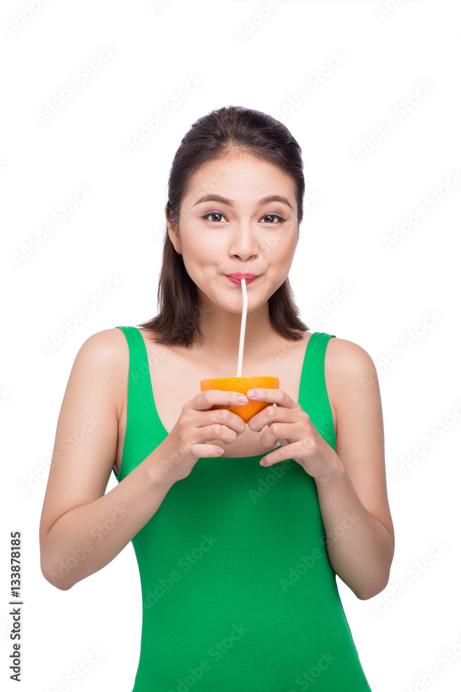 Beautiful asian girl with juice, isolated on white