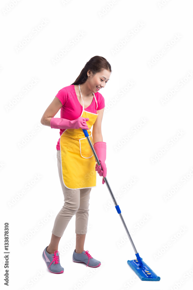 Portrait Of Young Asian housewife Cleaning Floor With Mop in ful