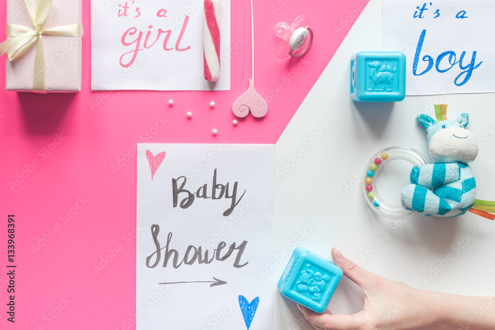 birth child baby shower concept boy or girl top view