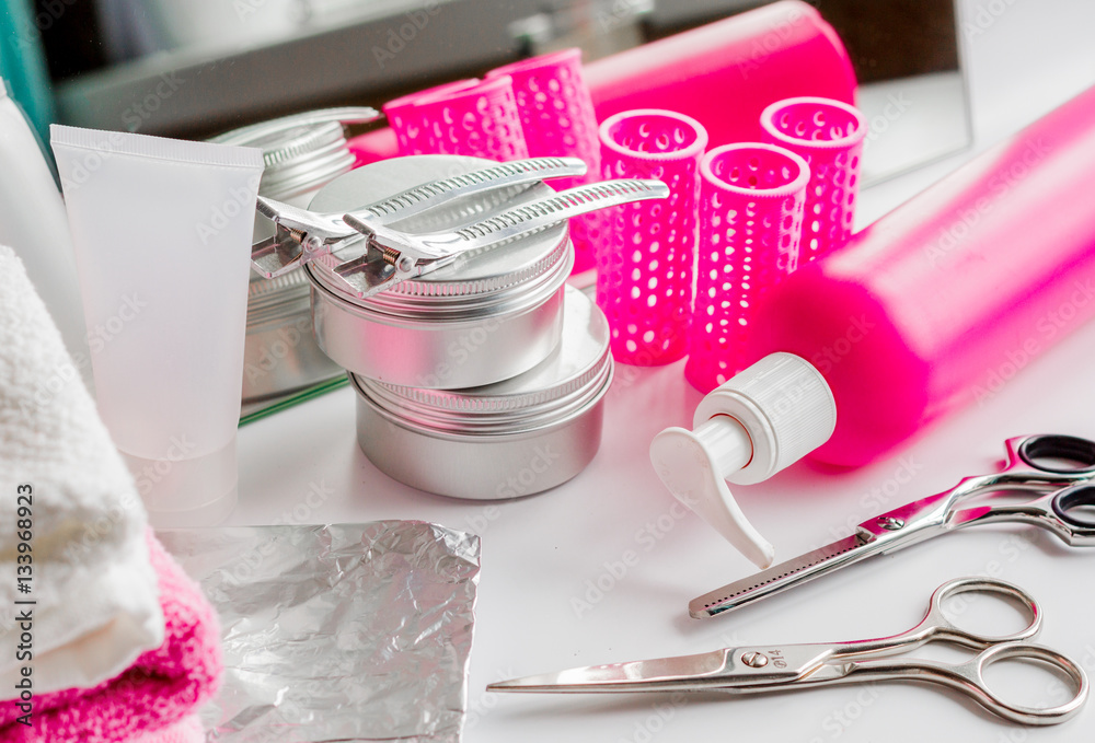 hairdresser working desk preparation for cutting hair