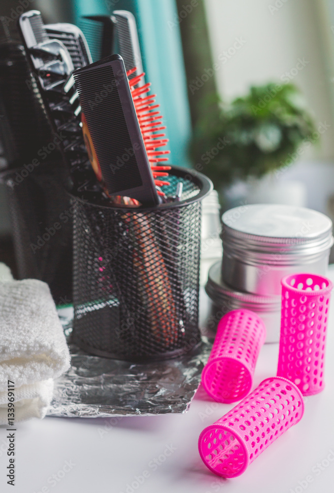 hairdresser working desk preparation for cutting hair