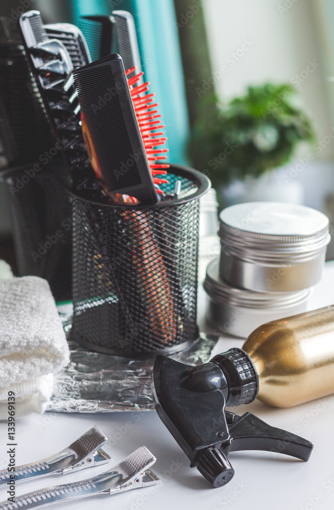 hairdresser working desk preparation for cutting hair