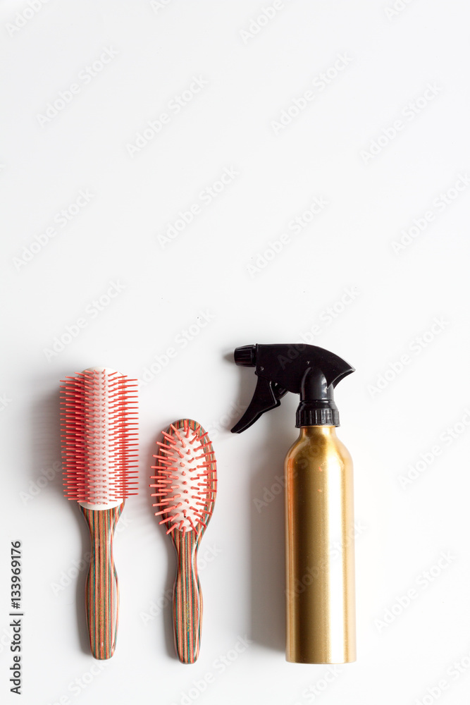 hairdresser working desk preparation for cutting hair top view