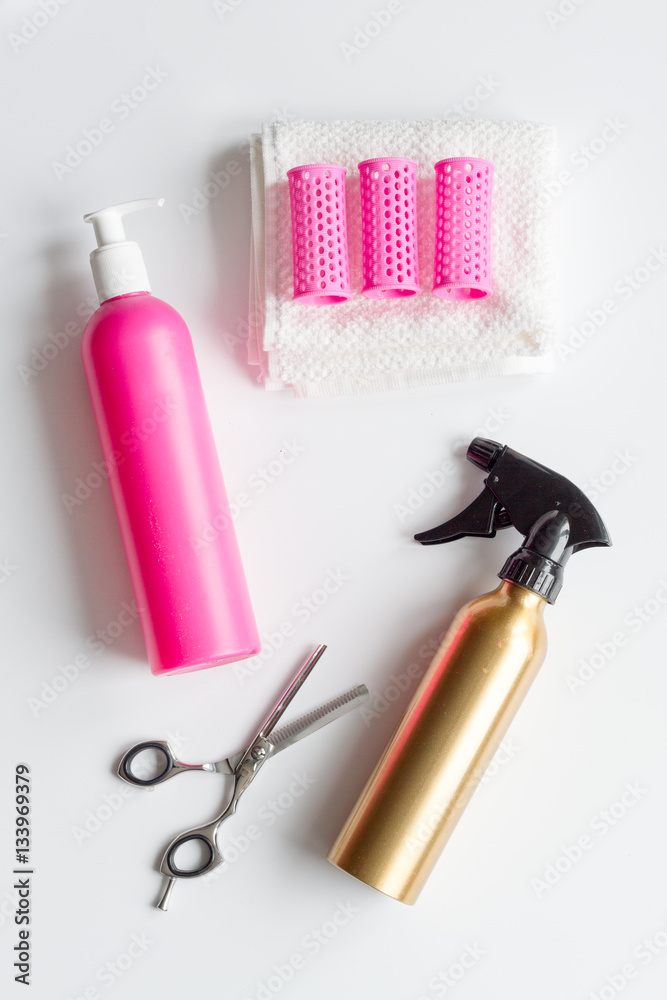 hairdresser working desk preparation for cutting hair top view