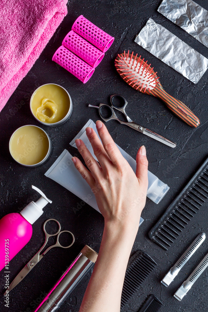 hairdresser working desk preparation for cutting hair top view