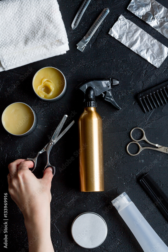 hairdresser working desk preparation for cutting hair top view