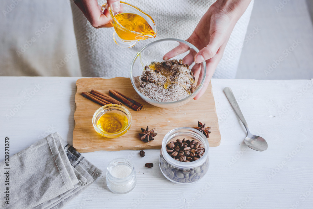 making organic scrub handmade at home with hands