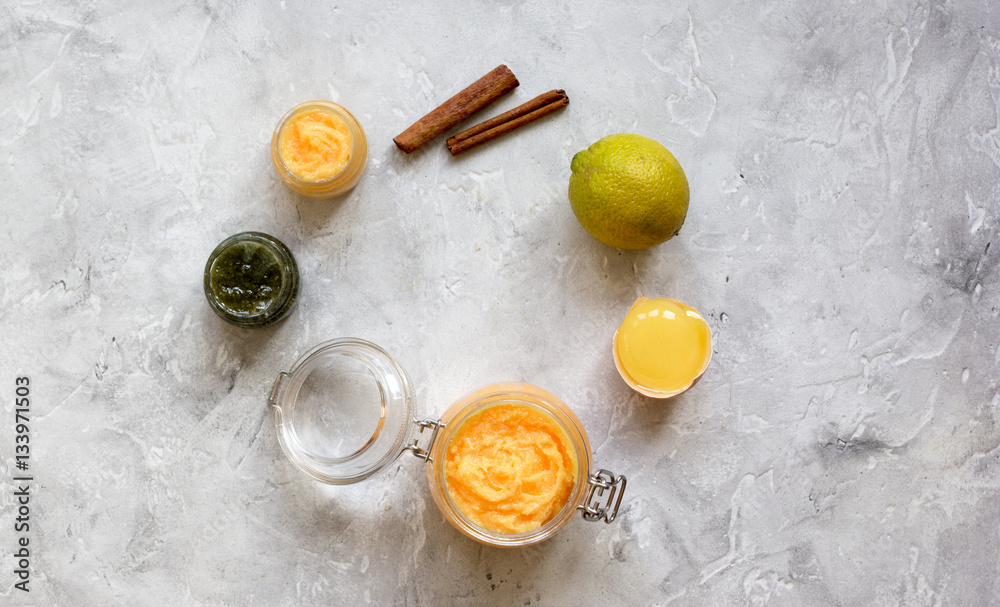 organic citrus scrub homemade on gray background top view