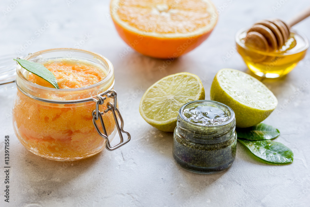 organic citrus scrub homemade on gray background