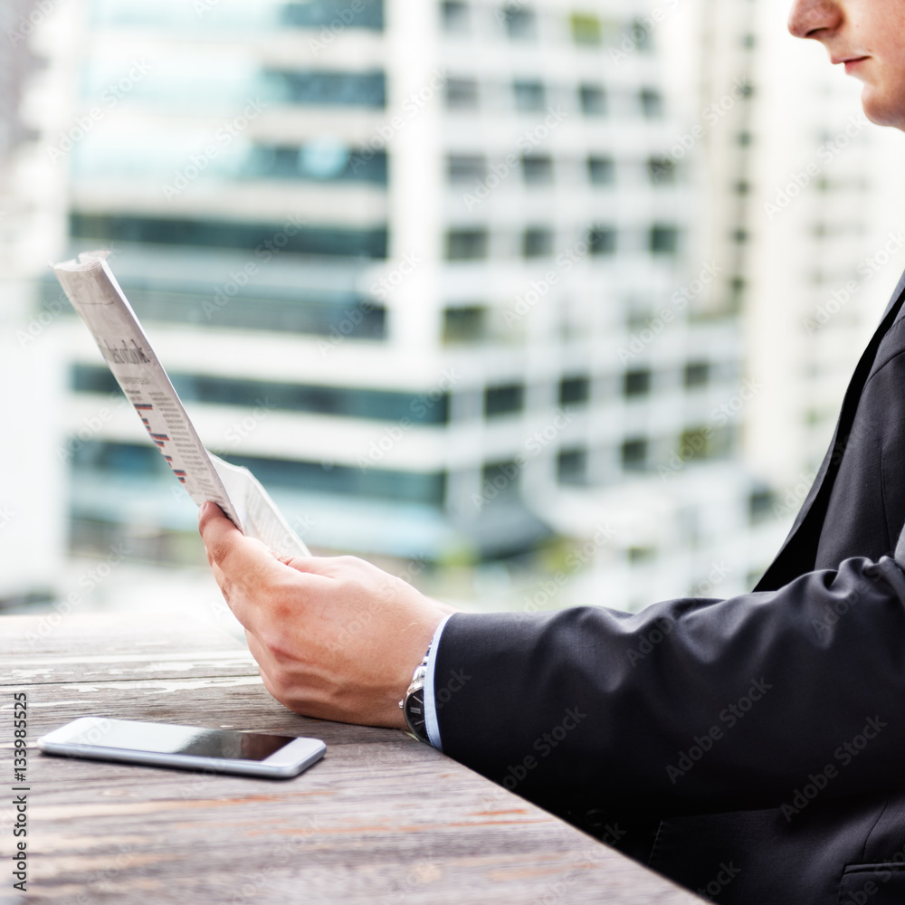 Man Working Reading Newspaper Connecting Networking Concept