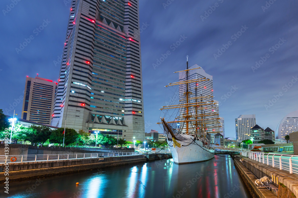 Cityscape of Yokohama city at night, Japan