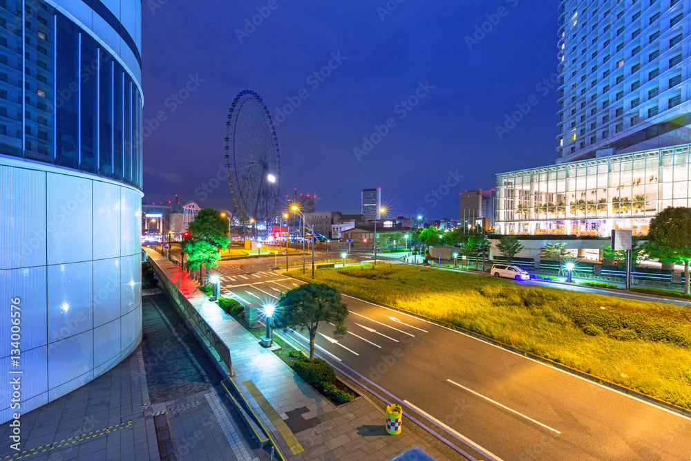 Cityscape of Yokohama city at night, Japan